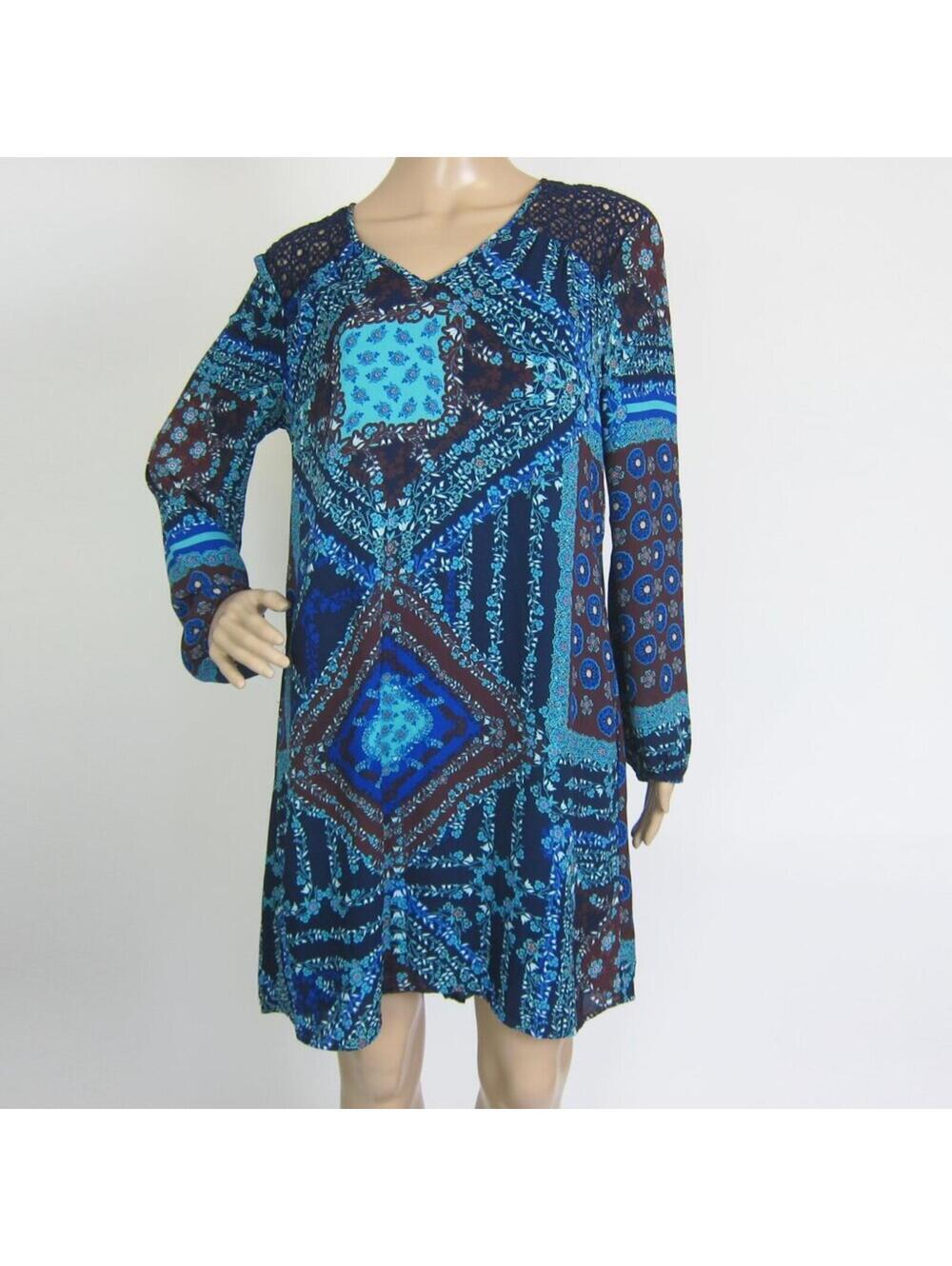 DR2 Daniel Rainn Boho Crochet Shift Dress Medium M NWT Blue Patchwork Festival